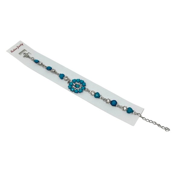 Charming Charlie Bracelet - Faux Turquoise Stones & Rhinestones - 7.5 Inches - Picture 1 of 6